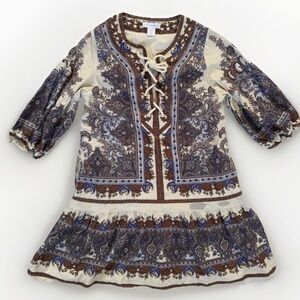 House of Harlow 1960 Linen Blend Lace-Up Mini Dress Bohemian Paisley Puff Sleeve